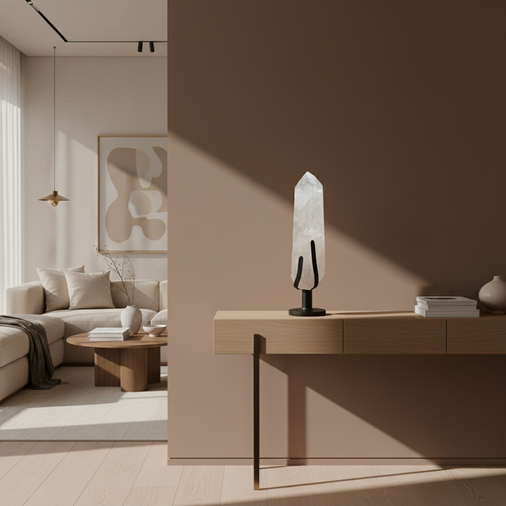 Bergkristall XXL Kristall Spitzen auf Metallständer, Nr. 2 im modernen Wohnraum als elegante Raumdekoration und Meditationsobjekt.