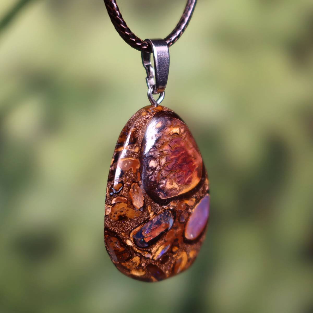 Boulder Opal Anhänger - Unikat Nr. 61 - Handgeschliffen - Echter Edelstein mit massiver Silberschlaufe - Größe 37x25mm