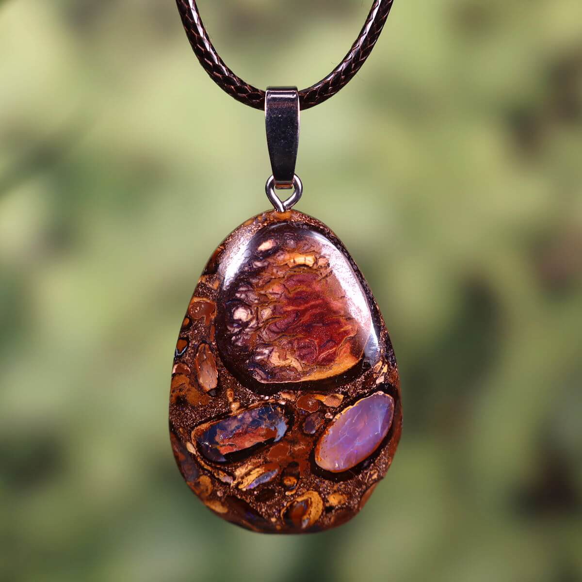 Boulder Opal Anhänger - Unikat Nr. 61 - Handgeschliffen - Echter Edelstein mit massiver Silberschlaufe - Größe 37x25mm