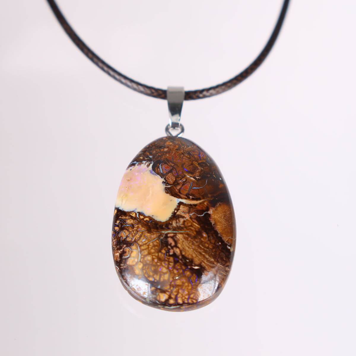 Boulder Opal Anhänger - Unikat Nr. 6 - Handgeschliffen - Echter Edelstein mit massiver Silberschlaufe - Größe 35x25mm