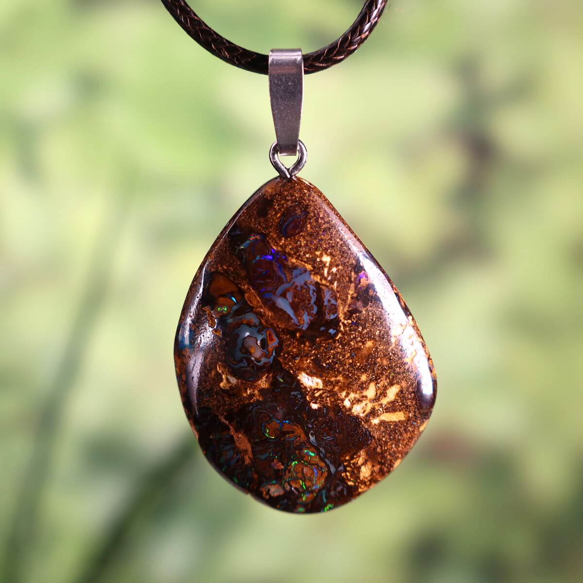 Boulder Opal Anhänger - Unikat Nr. 9 - Handgeschliffen - Echter Edelstein mit massiver Silberschlaufe - Größe 40x25mm - Freude und Leichtigkeit