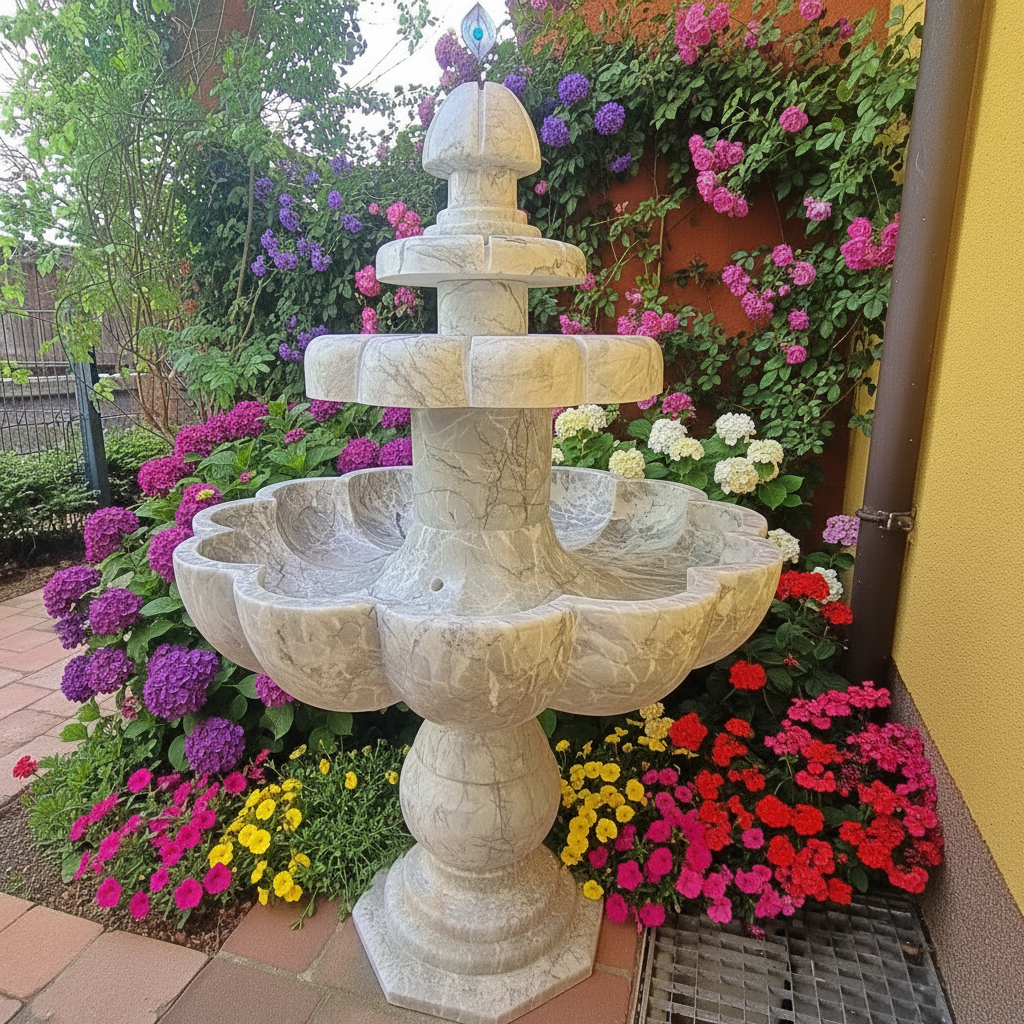 Massiver Marmor Brunnen - 100% Naturstein - handgearbeitet Nr.2 im Blumenbeet, Marmordesign, Innen- und Außendekoration.