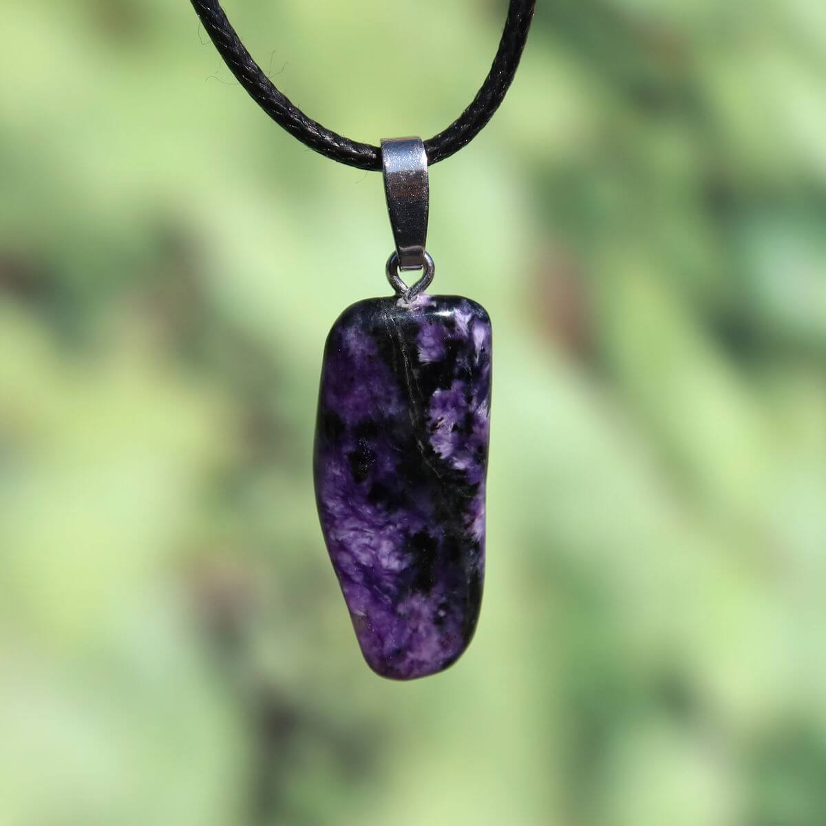 Charoit 1A pendant with silver loop, deep violet color, unique natural patterns, 32mm, promotes calm and strong nerves, unique piece.