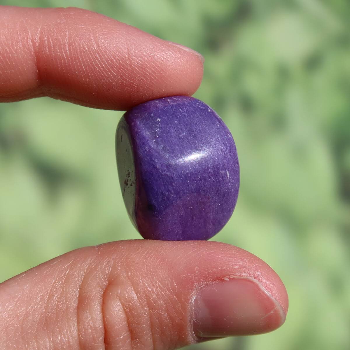 Hand holding a deep violet 20mm Charoit stone, showcasing its unique patterns, available for online purchase in Graz and Wiener Neustadt.