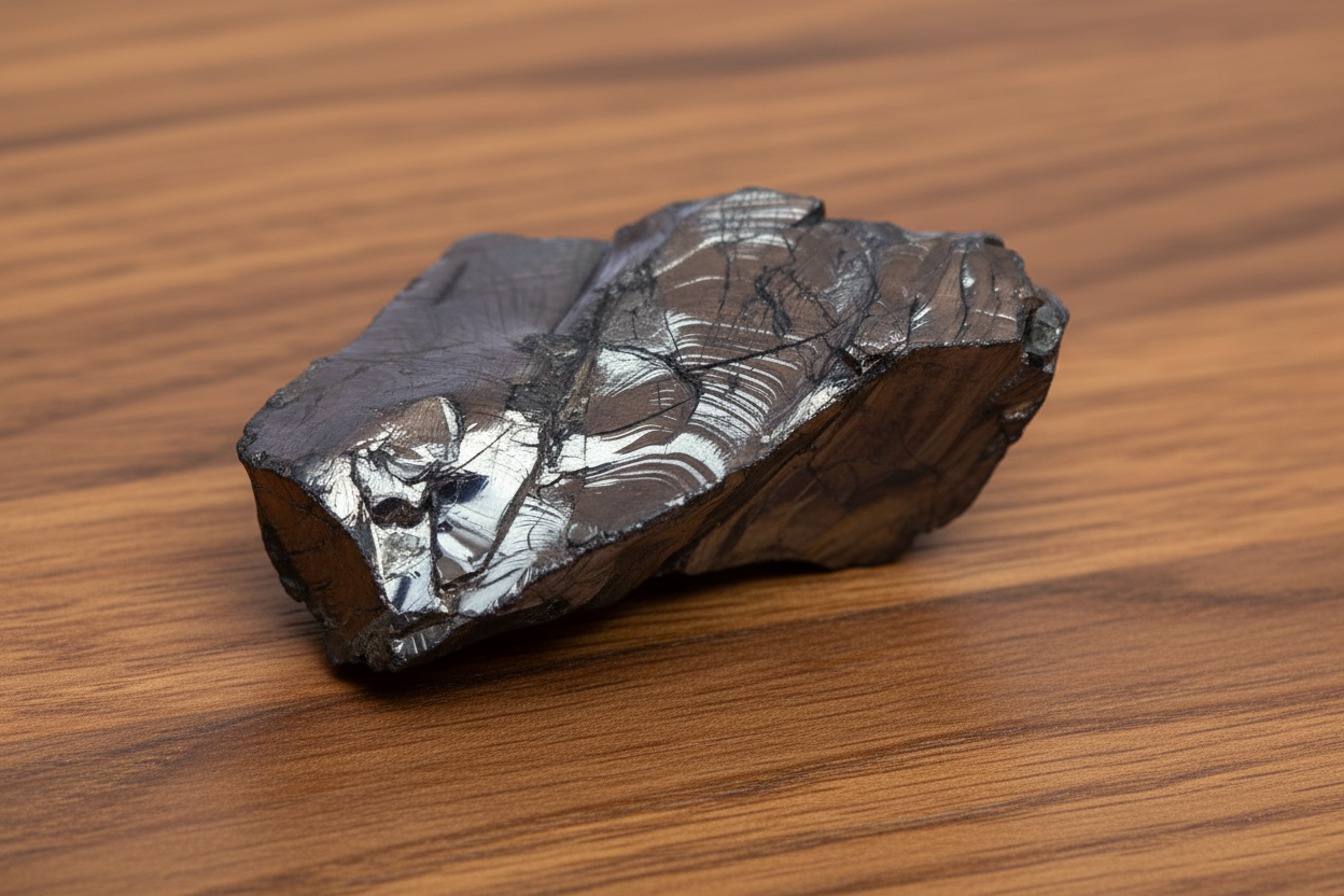 Edelschungit Rohstein - 45x35mm Harmonie und Schutz - UNIKAT Nr.14 auf Holzoberfläche zur Wasseraufbereitung und Elektrosmogschutz