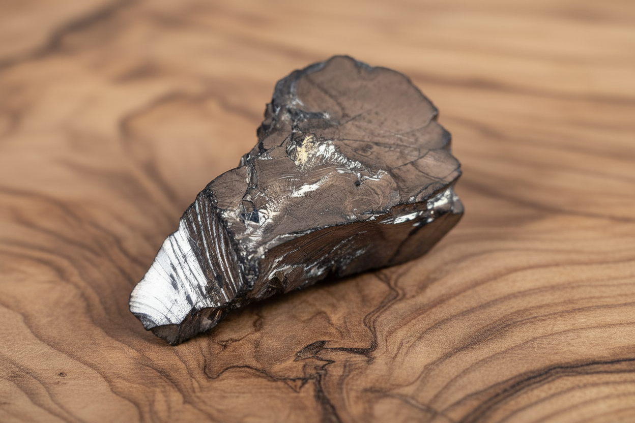 Edelschungit Rohstein - 50x30mm Harmonie und Schutz - UNIKAT Nr.15, Naturmineral auf Holzuntergrund