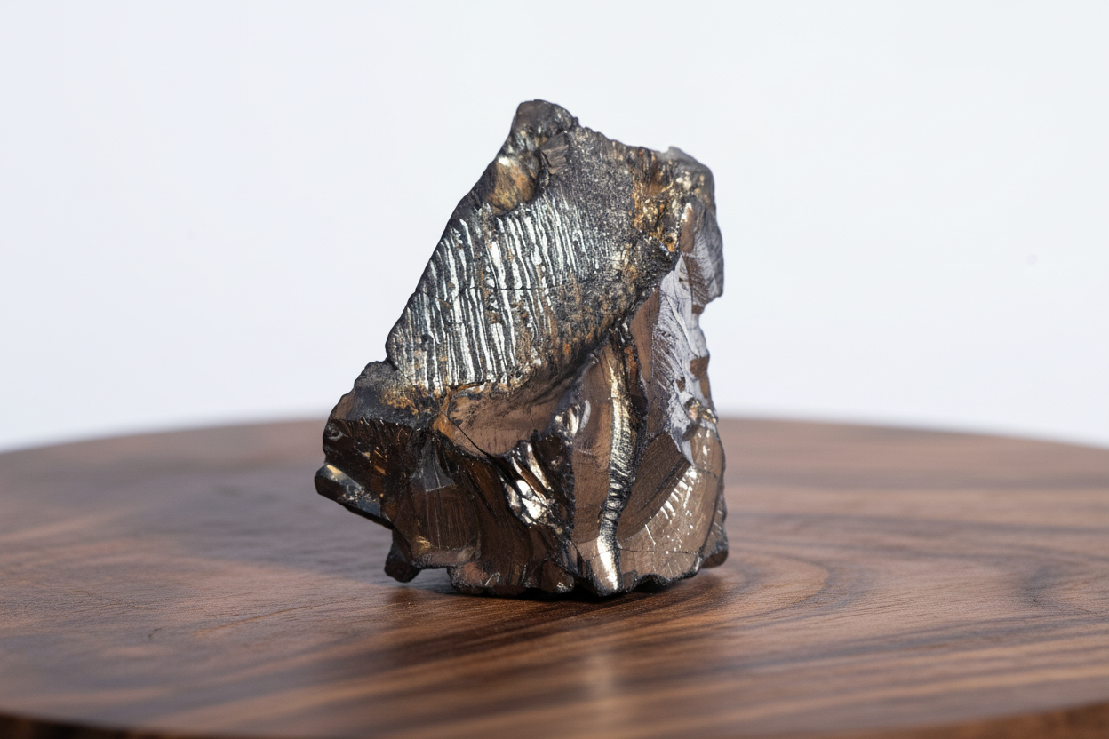 Edelschungit Rohstein - 43x30mm Harmonie und Schutz - UNIKAT Nr.16 auf Holztisch, Naturmineral aus Karelien zur Wasseraufbereitung und Schutz.