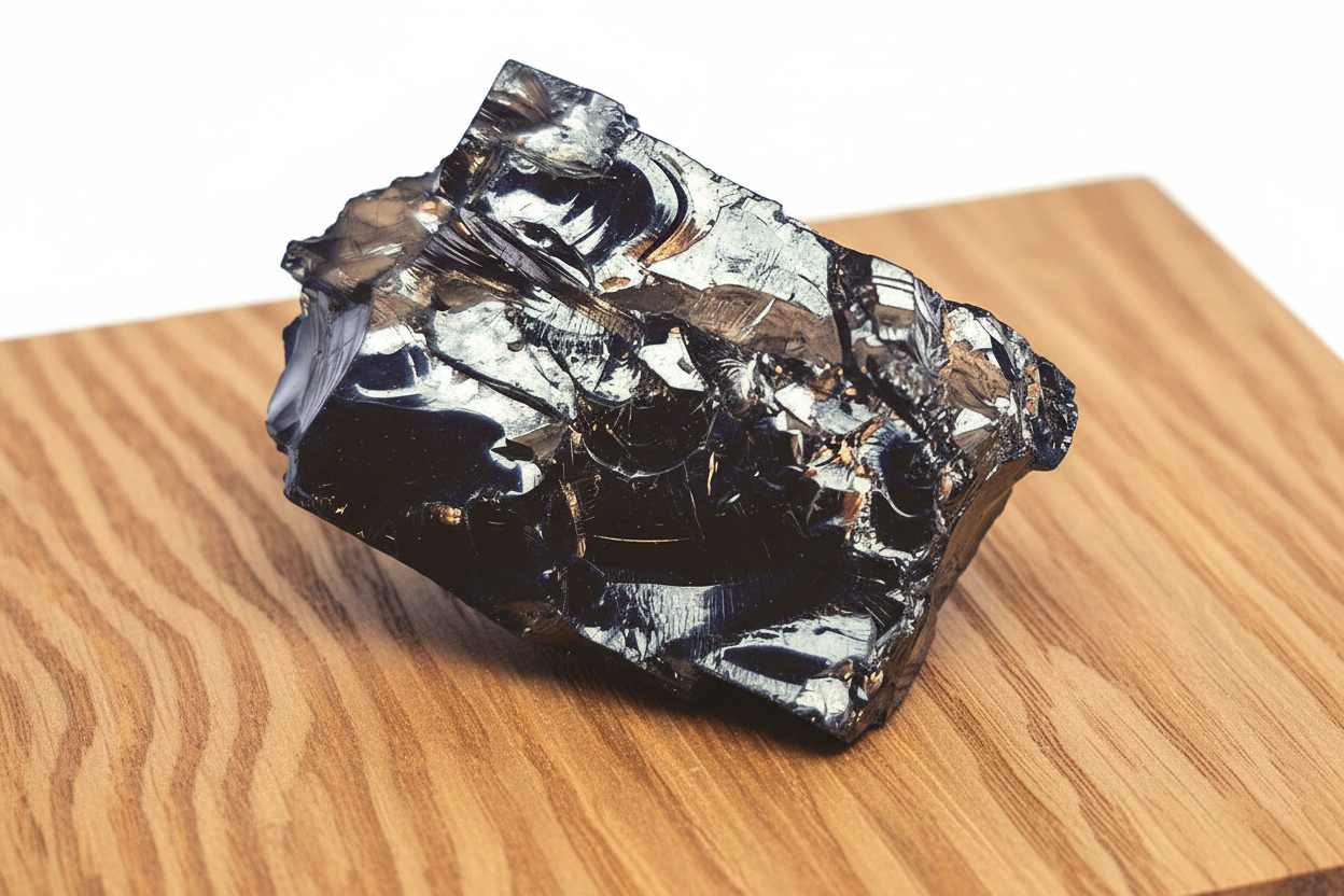 Edelschungit Rohstein - 44x30mm Harmonie und Schutz - UNIKAT Nr.20 auf Holzunterlage