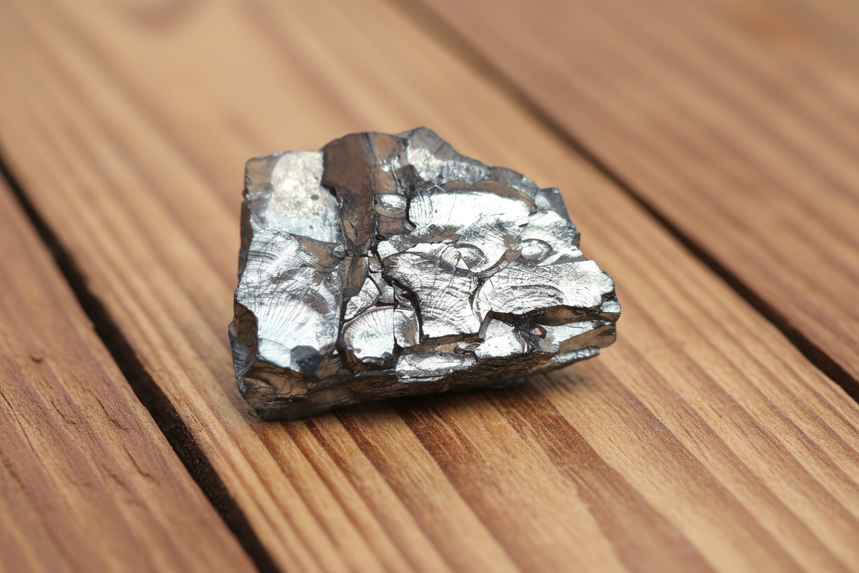 Edelschungit Rohstein - 38x27mm Harmonie und Schutz - UNIKAT Nr.23 auf Holzuntergrund zur Wasseraufbereitung und Elektrosmogschutz