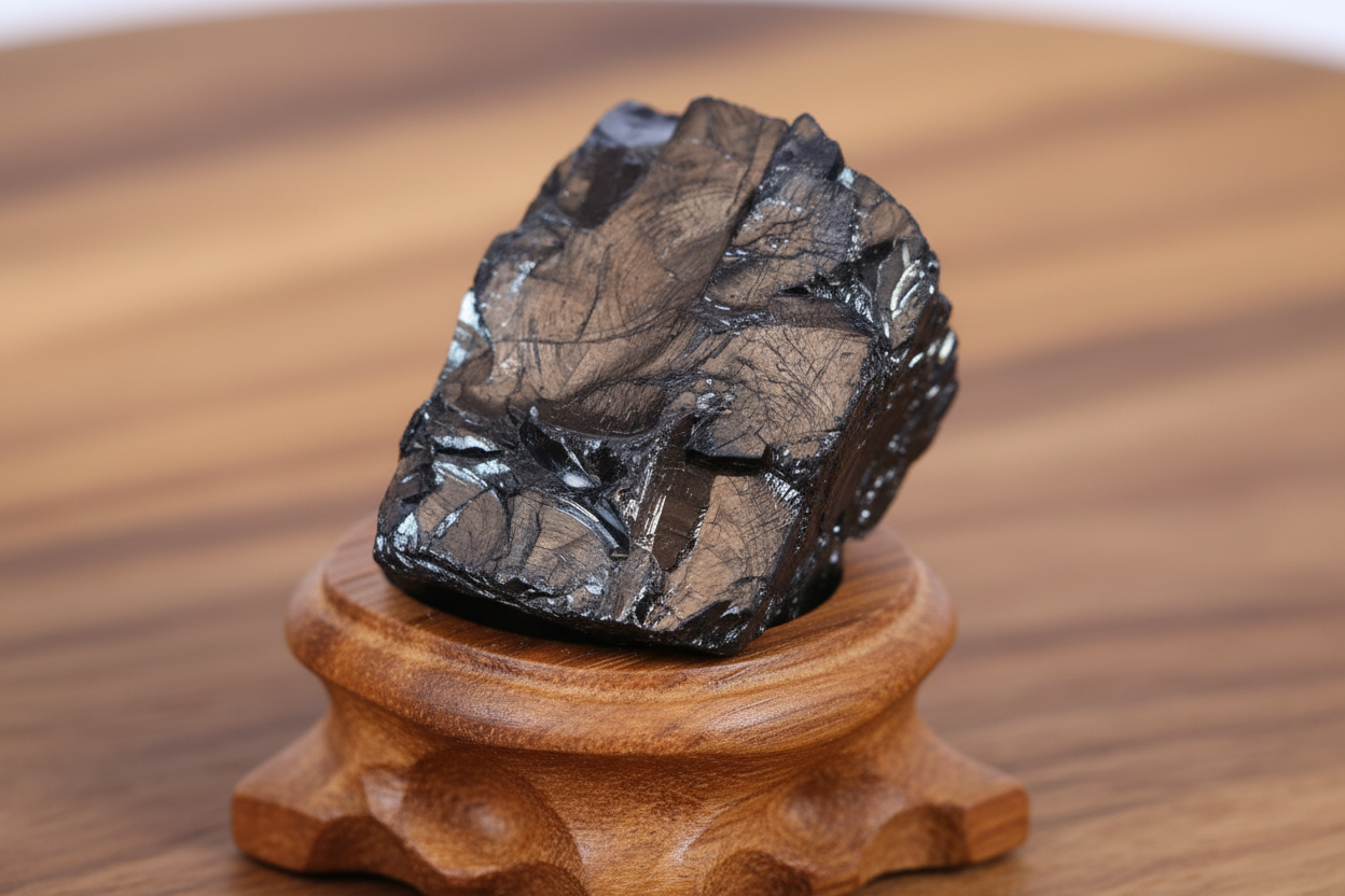 Edelschungit Rohstein -40x30mm Harmonie und Schutz - UNIKAT Nr.25, auf Holzsockel, mineralisches Naturprodukt aus Karelien