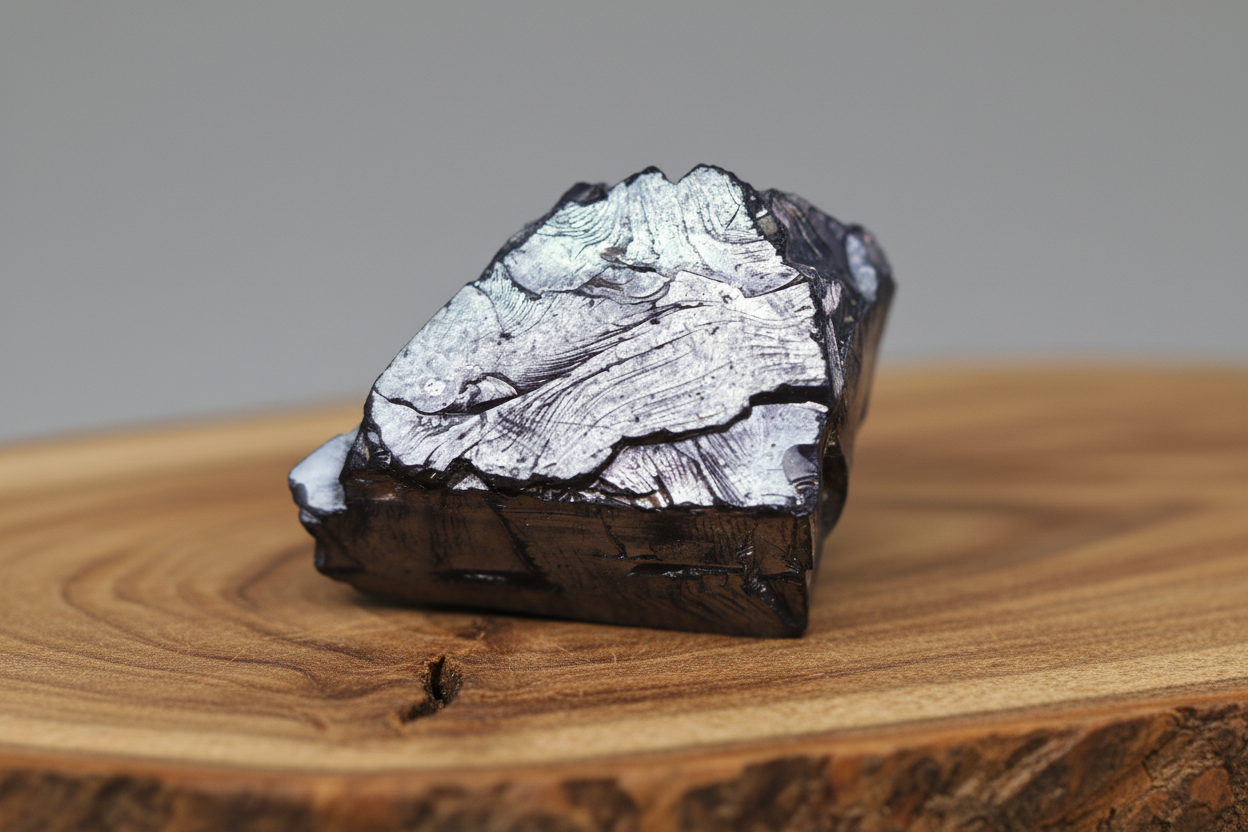 Edelschungit Rohstein - 30x20mm Harmonie und Schutz - UNIKAT Nr.3 auf Holz, bekannt für Wasseraufbereitung und Schutz vor Elektrosmog.