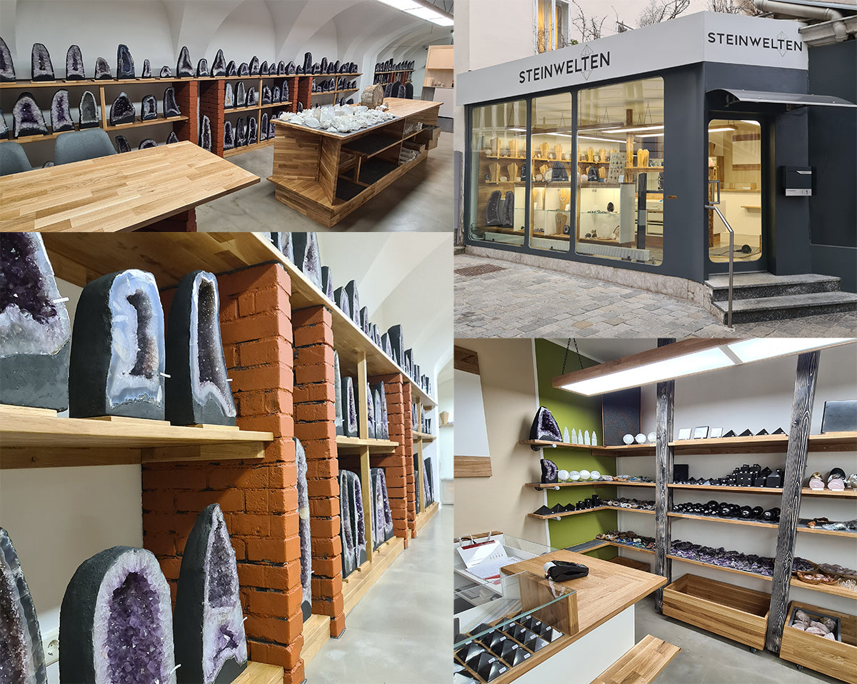 Collage of geode and mineral store interiors featuring shelves of colorful geode slices and stone displays, with exterior view of the shop "Steinwelten".