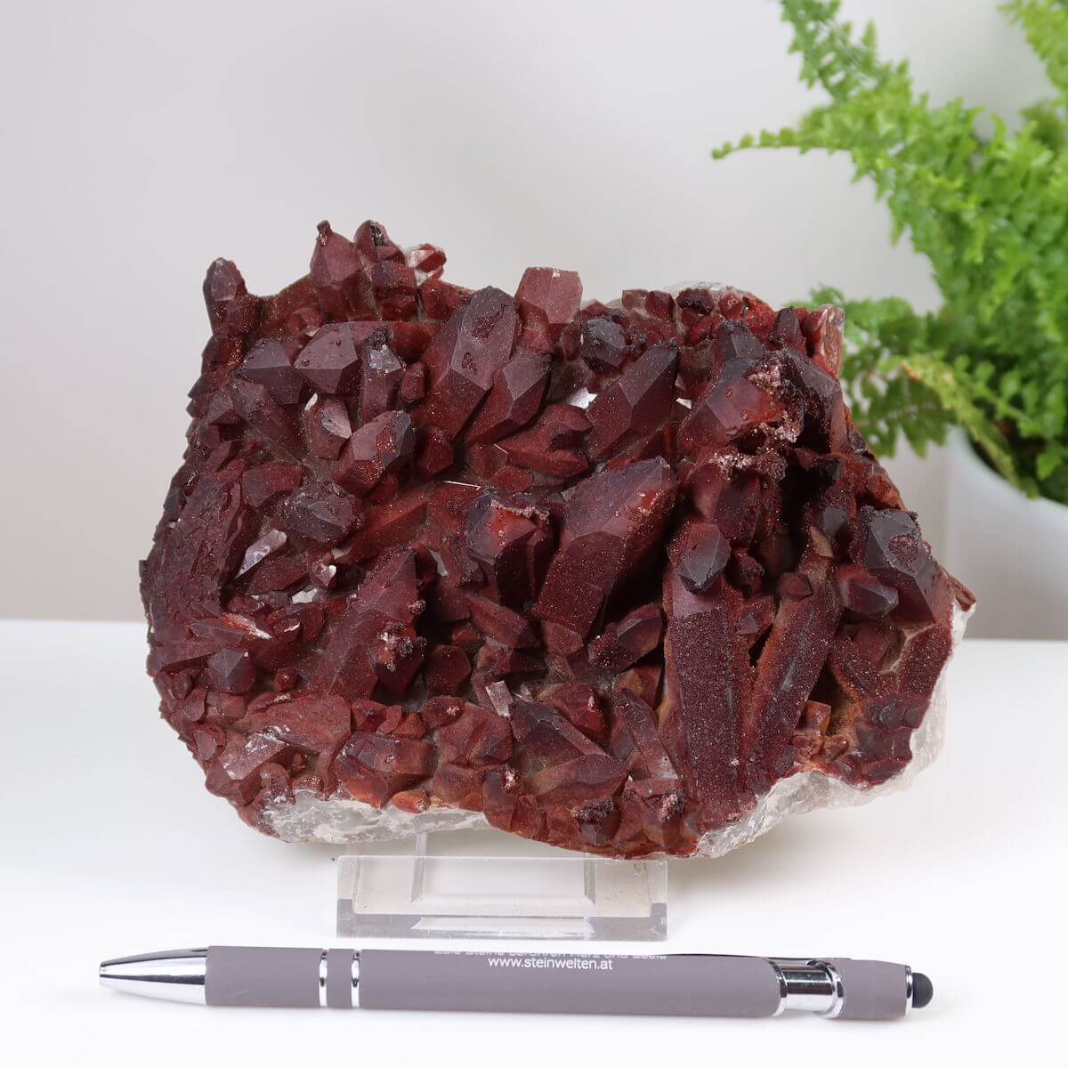 Seltene Hämatit Quarz Bergkristall Stufe aus Marokko, Eisenquarz auf Sockel, intensives Rot, ideal für Sammler, online kaufen.