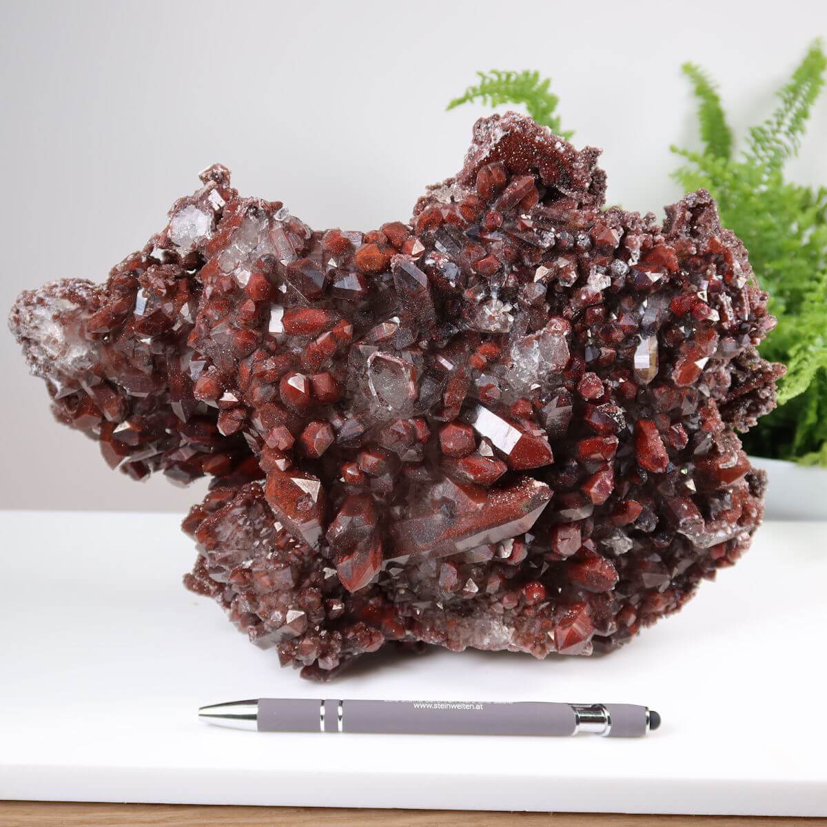 Seltene Hämatit Quarz Bergkristall Stufe aus Marokko mit intensiver Farbe, präsentiert neben Kugelschreiber, zum online Kaufen.