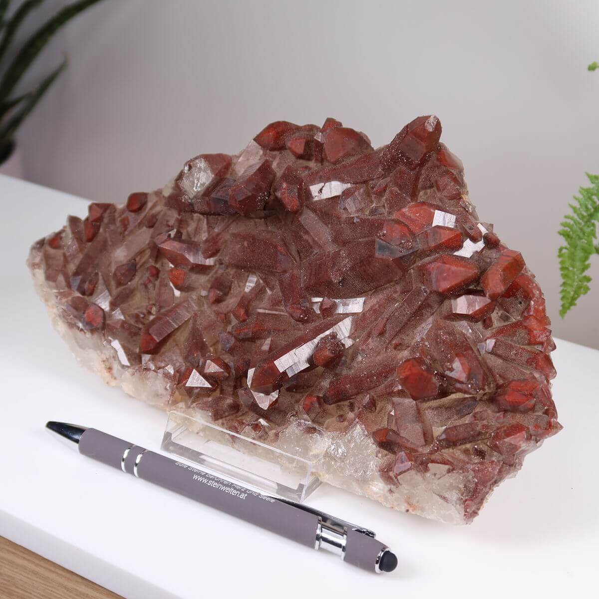 Seltene Hämatit Quarz Bergkristall Stufe aus Marokko, Eisenquarz Sammlerstück auf Display mit Stift, online kaufen