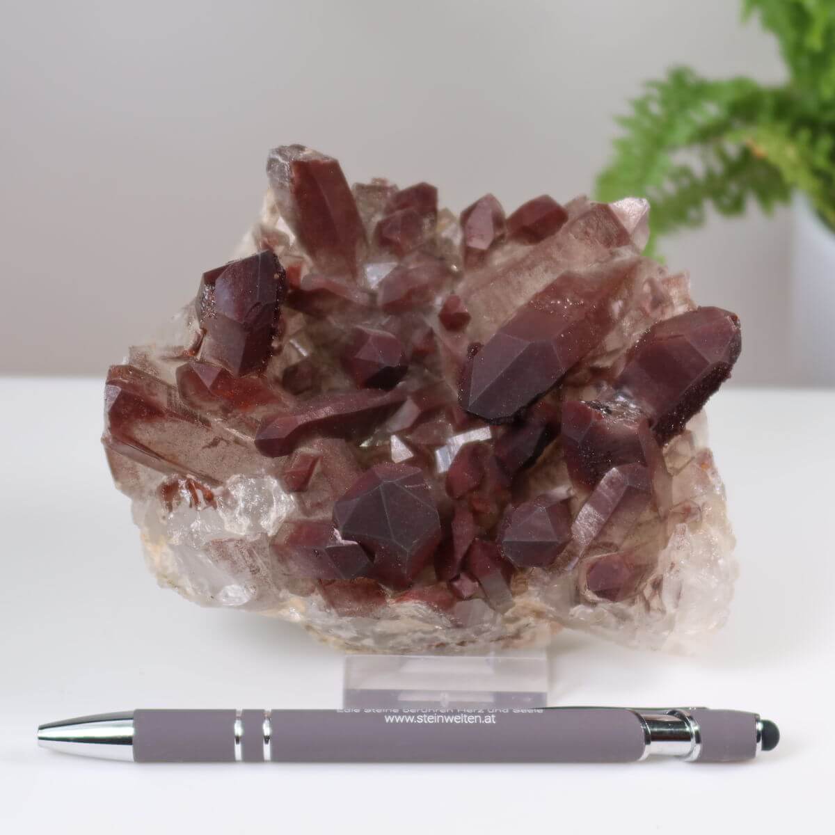 Seltene Hämatit Quarz Bergkristall Stufe aus Marokko neben Stift, 13x10x7cm, einzigartiger Eisenquarz für Sammler, online kaufen.