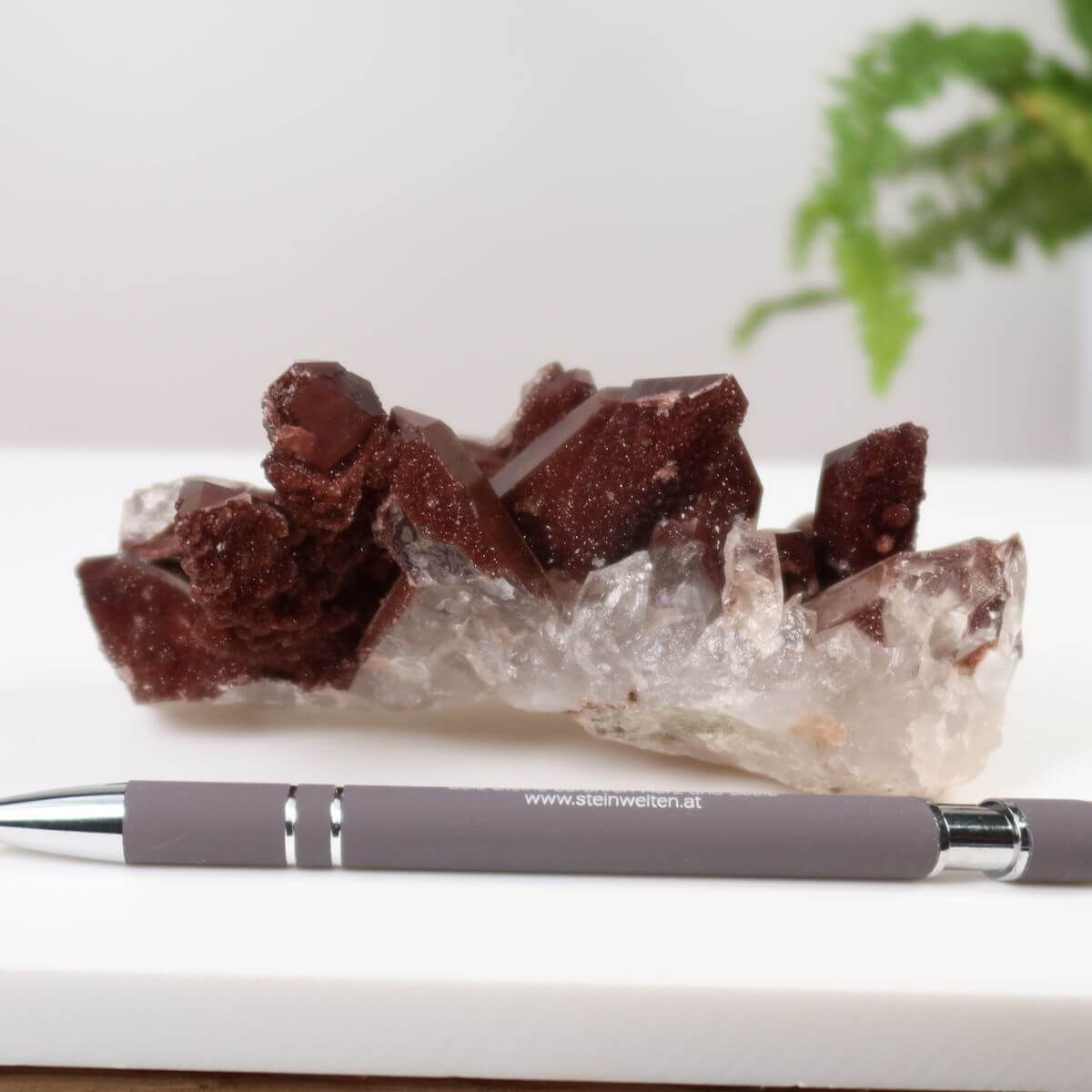 Seltene Hämatit Quarz Bergkristall Stufe aus Marokko neben Kugelschreiber, Eisenquarz für Sammler, Steinwelten Graz und Wiener Neustadt