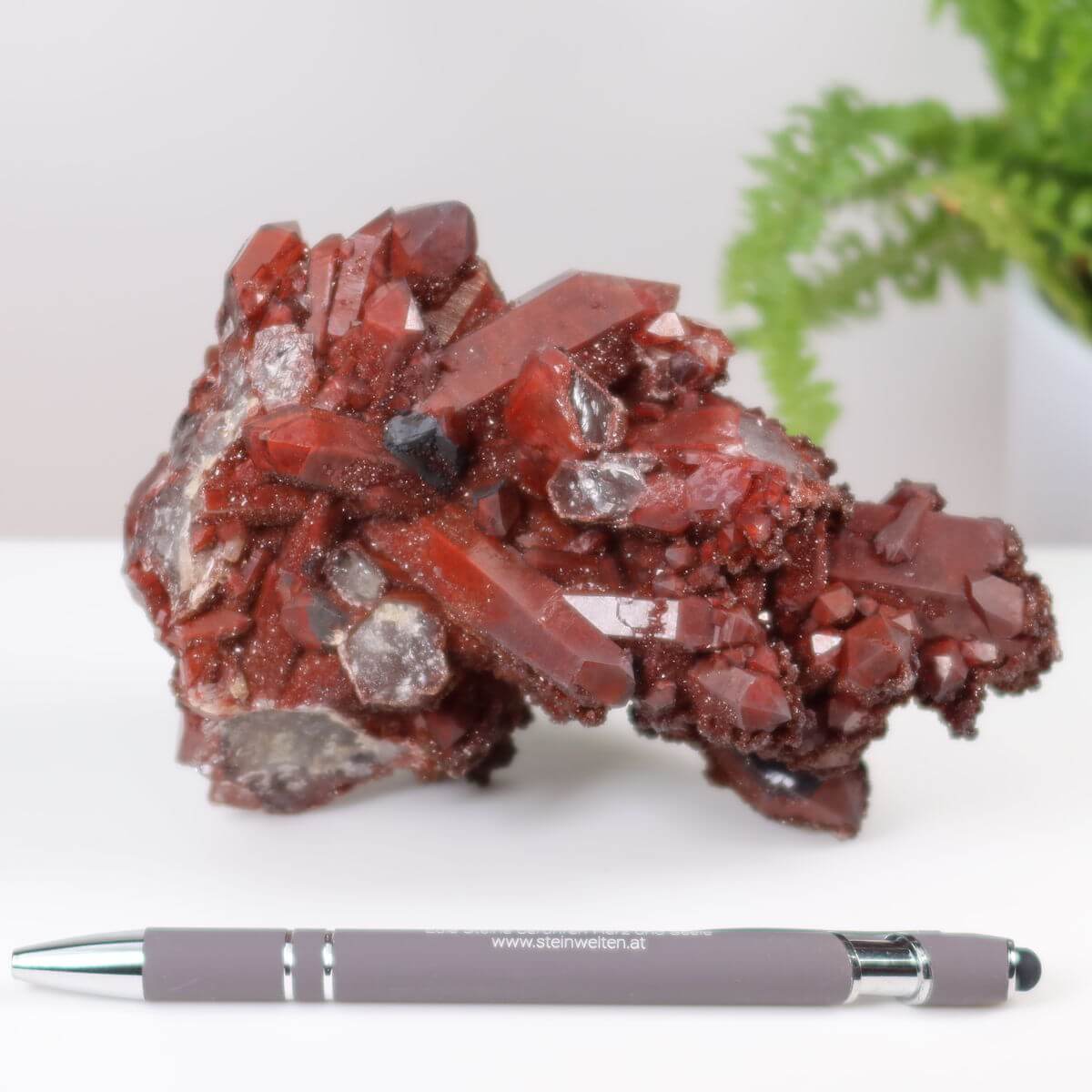 Seltene Hämatit Quarz Bergkristall aus Marokko neben einem Stift auf einem Tisch, Eisenquarz Sammlerstück, online kaufen bei Steinwelten.