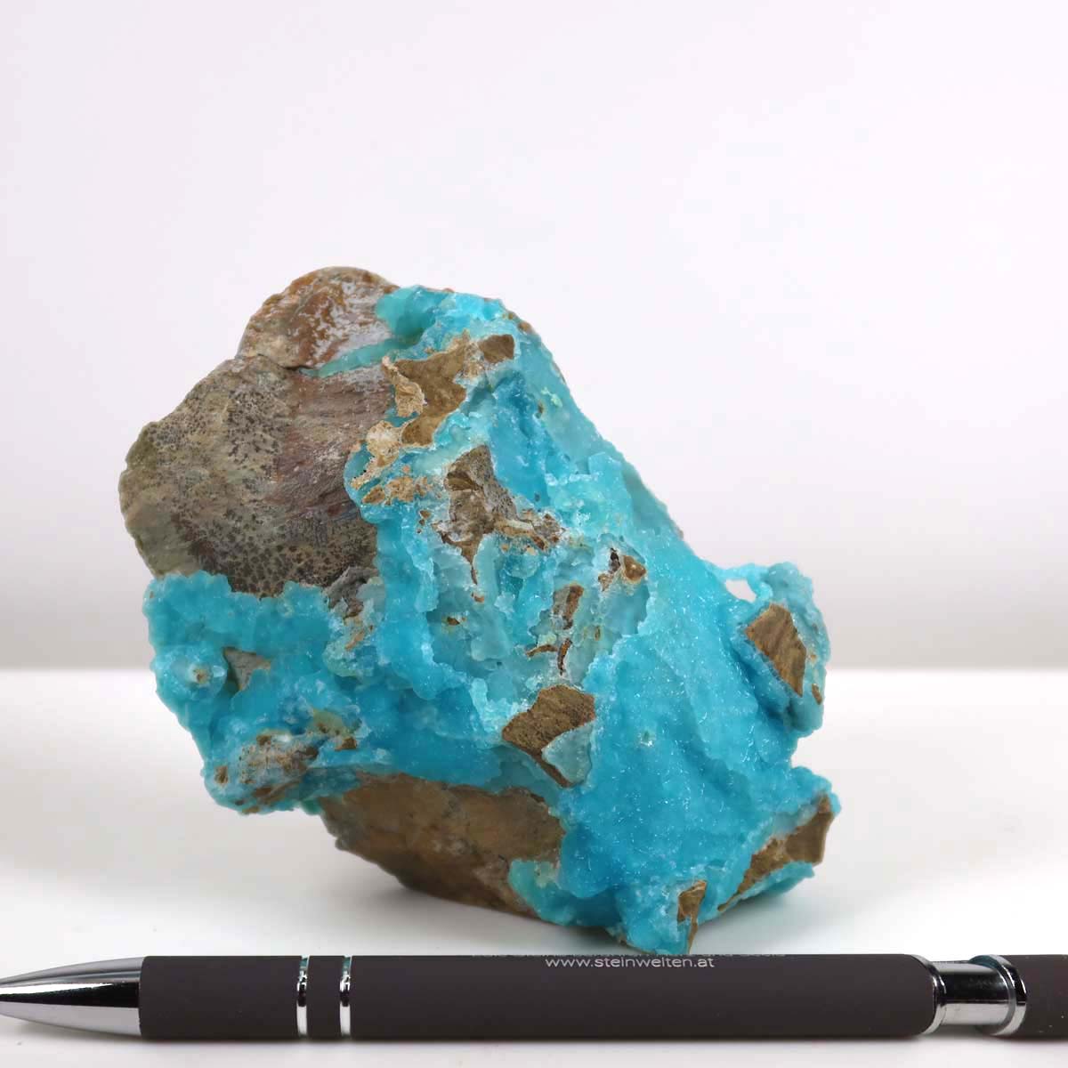 Hemimorphit Rohstein mit türkisblauem Kristall, 11x8x5 cm, neben einem Stift für Größenvergleich – einzigartiges Sammlermineral Nr. 12