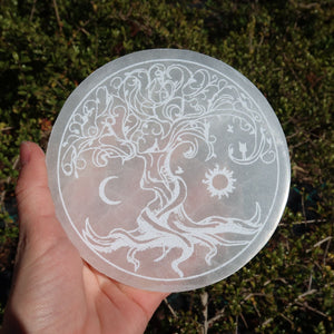 Selenite Charging Plate - Tree of Life - Sun and Moon - 12cm