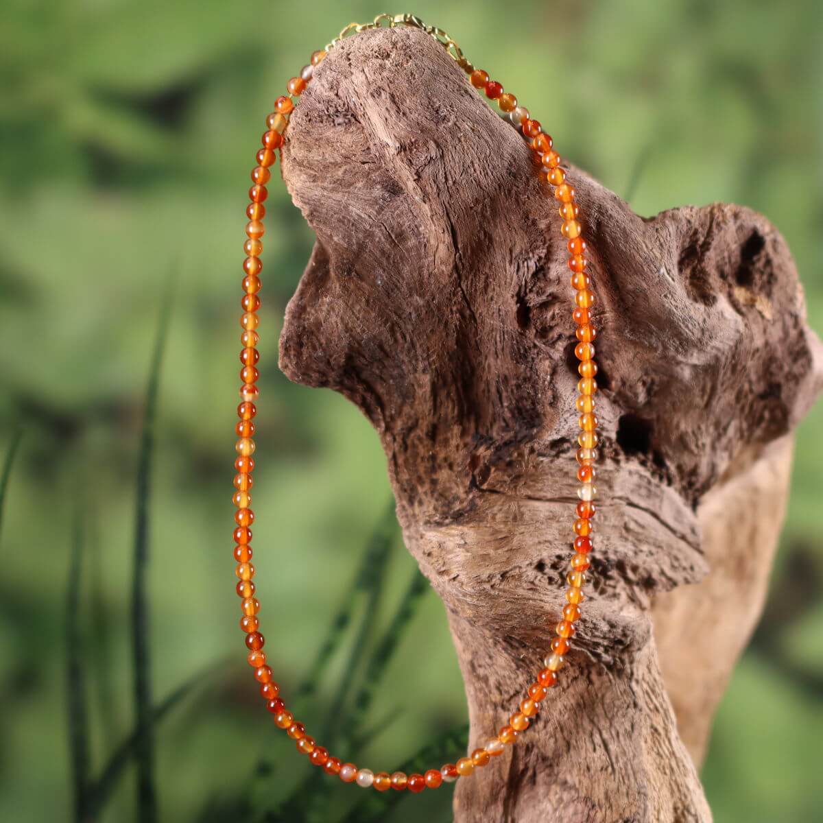 Elegante Karneol Kette auf Holzdisplay, 41cm, hervorgehoben vor natürlichem Hintergrund. Perfekt für Selbstbewusstsein. Von Steinwelten.