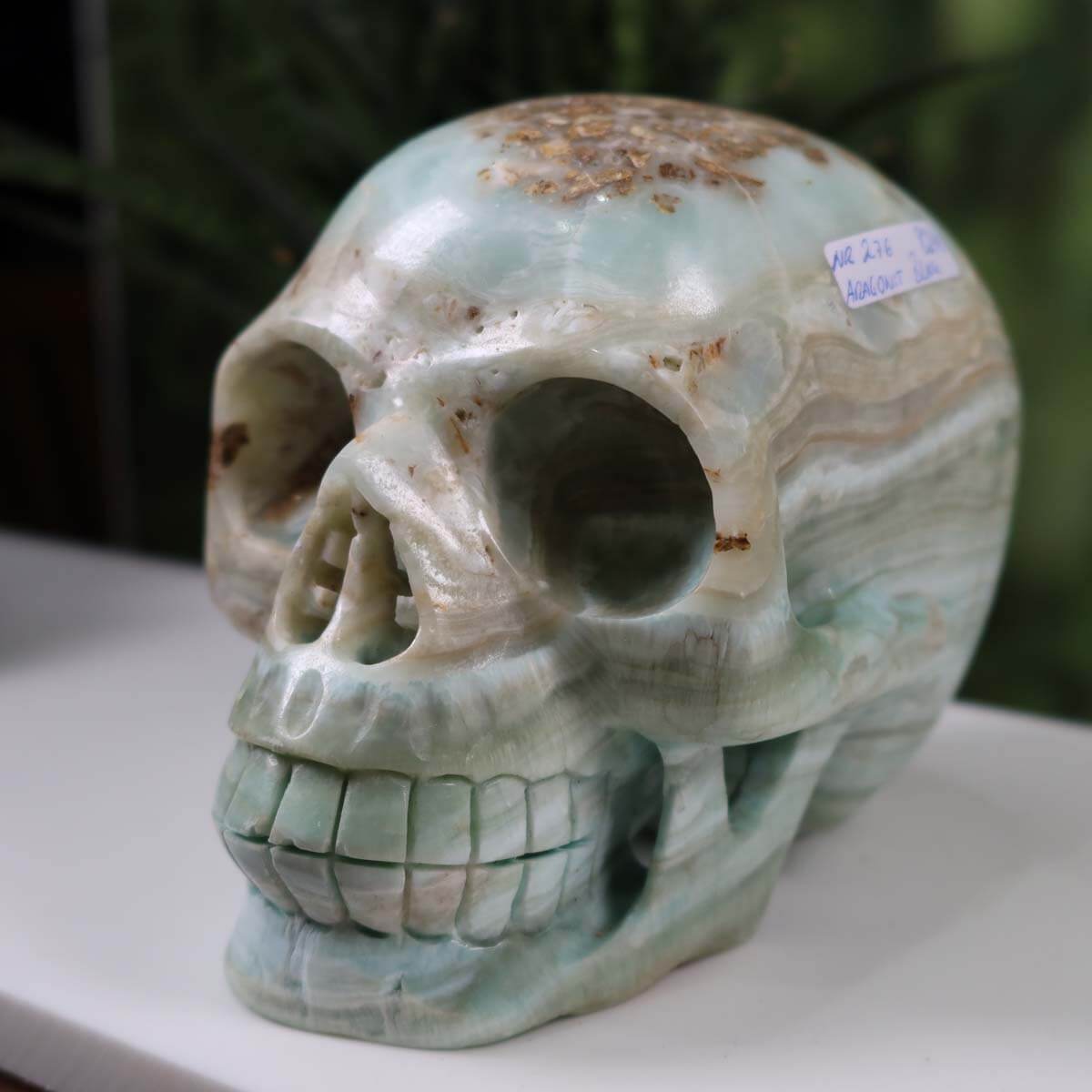 Echter großer Kristall Schädel aus blauem Aragonit-Calcit, handgefertigt, 14x12 cm, Sammlerstück, Mineralien und Edelsteine online kaufen.