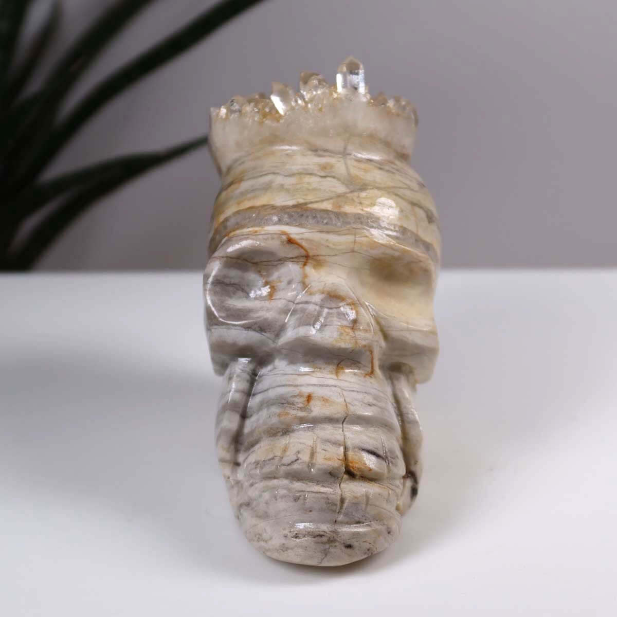 Hand holding handcrafted crystal skull made from unique gemstone, perfect for collectors. Kristallschädel online kaufen.