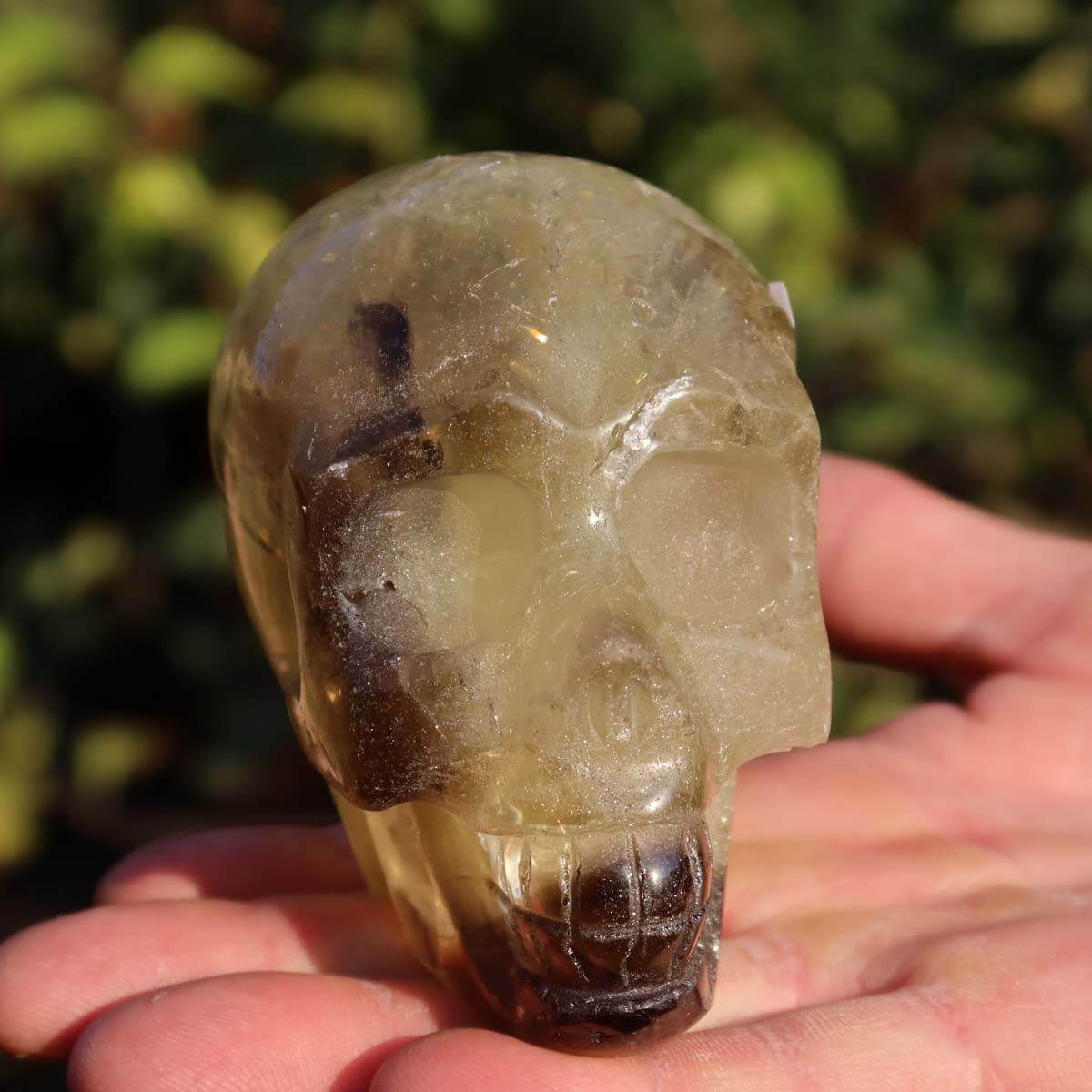 Handcrafted citrine crystal skull, 9x7 cm, unique gemstone piece, available in Graz and Wiener Neustadt. Ideal for collectors.