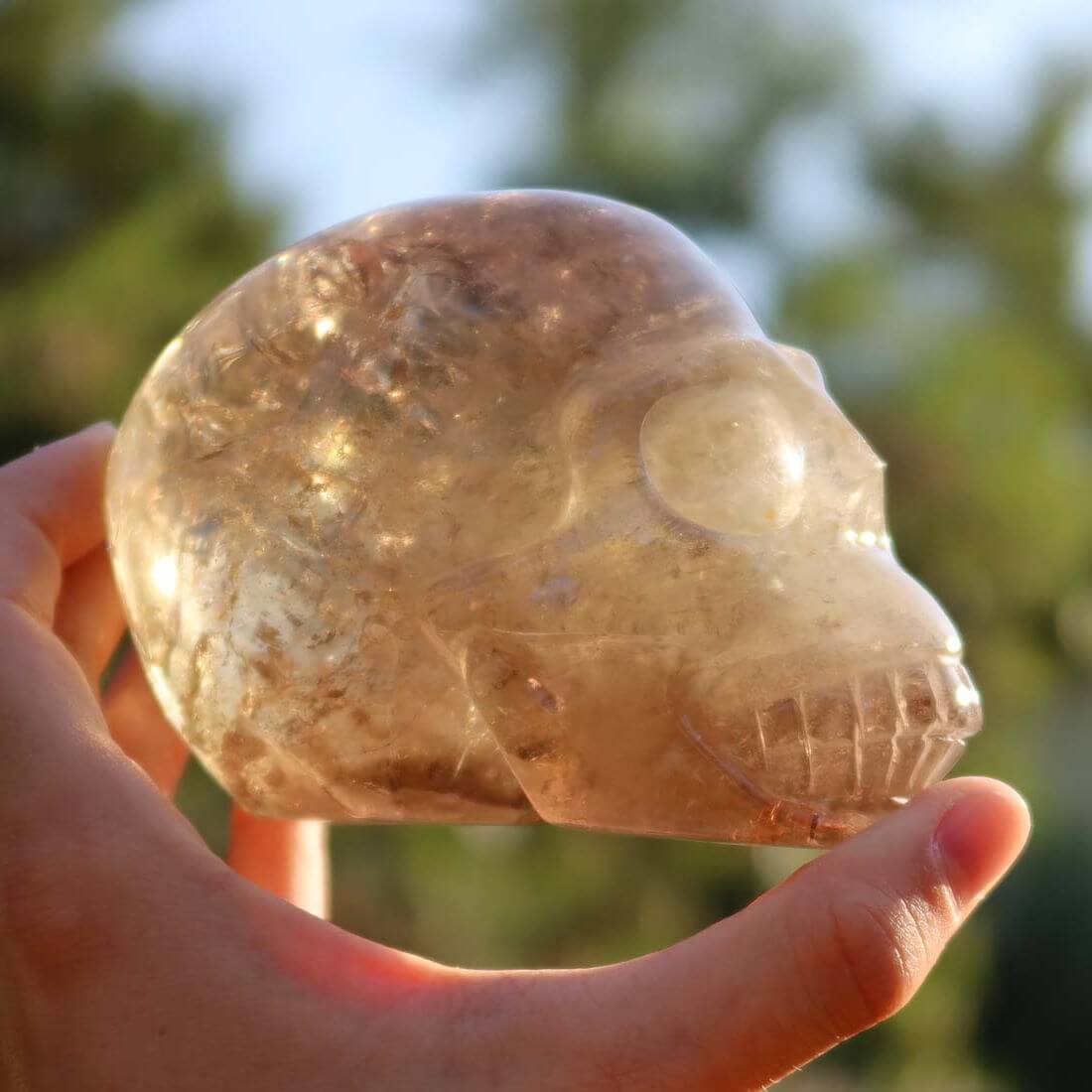 Echter Kristall Schädel handgefertigt aus Citrin, 10x7 cm, einzigartiges Meisterwerk von Graz Mineralien.