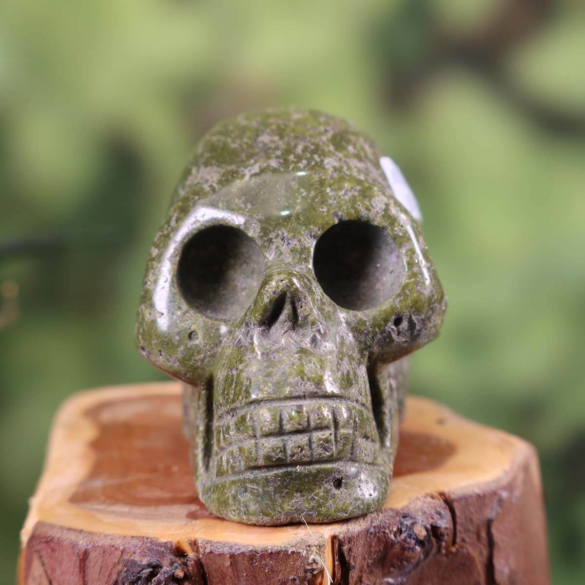 Grüner Kristall Schädel aus Naturstein mit außergewöhnlichem Muster auf Holzsockel, Steinwelten Kollektion, online kaufen.
