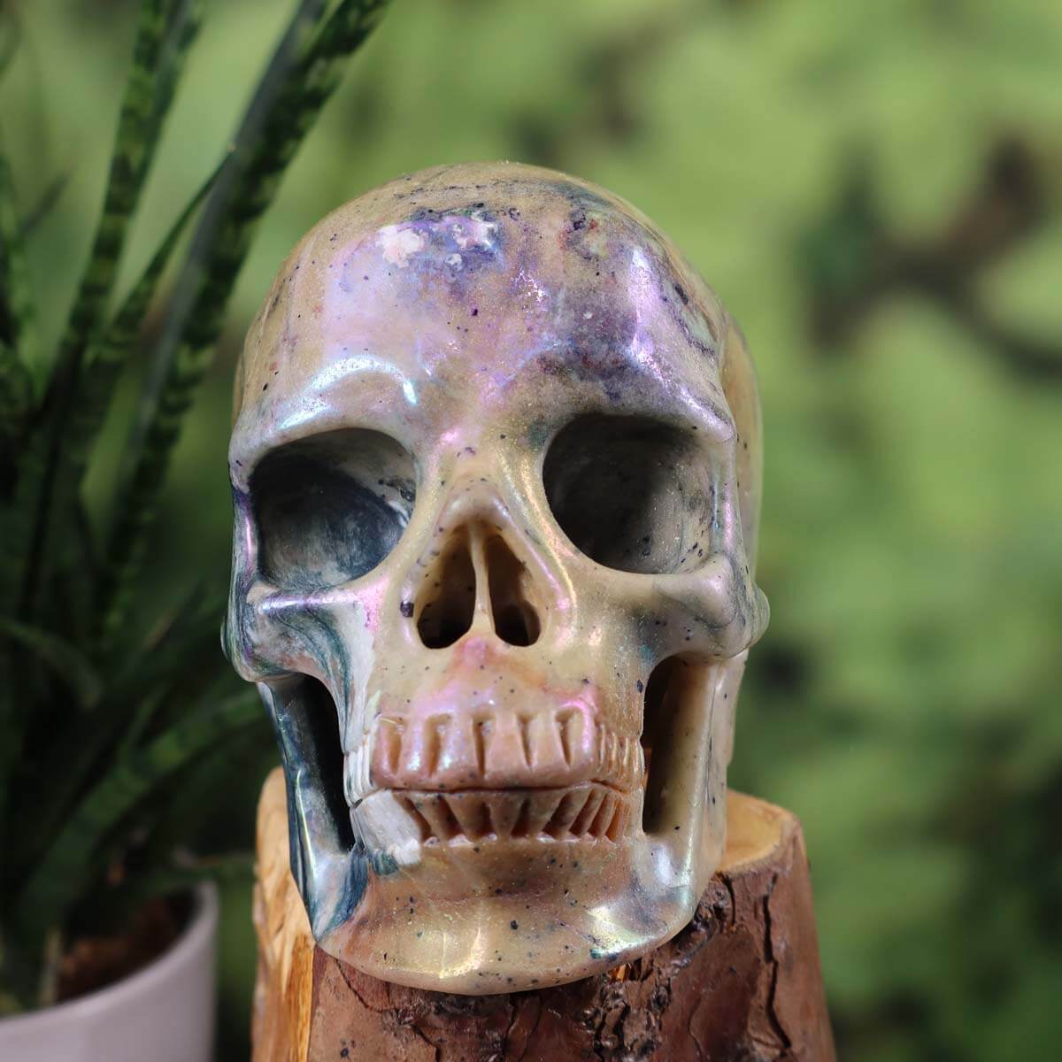Handcrafted natural stone crystal skull with unique patterns, 12x9 cm, Graz and Wiener Neustadt amethyst minerals.