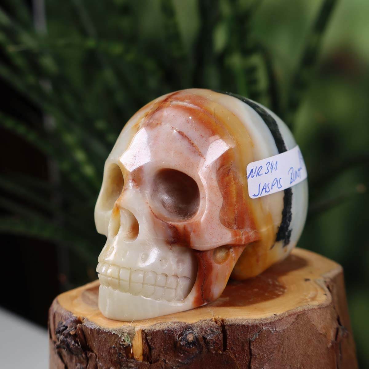 Handcrafted Jasper crystal skull on wooden stand, 7x6 cm, unique gemstone artwork, available at Steinwelten for online purchase.