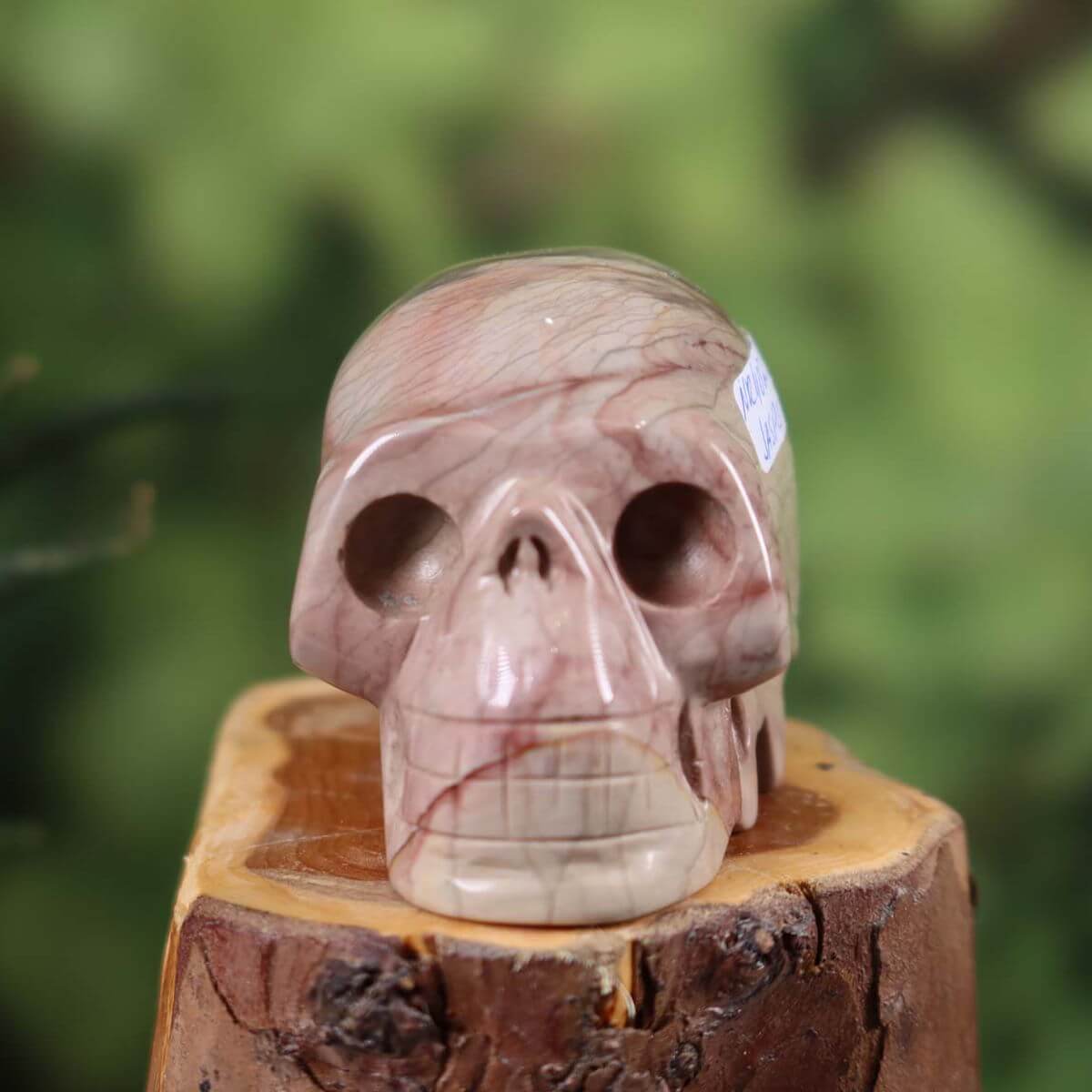 Handcrafted jasper crystal skull with unique coloration on wooden base, collector's item, 7x5 cm.