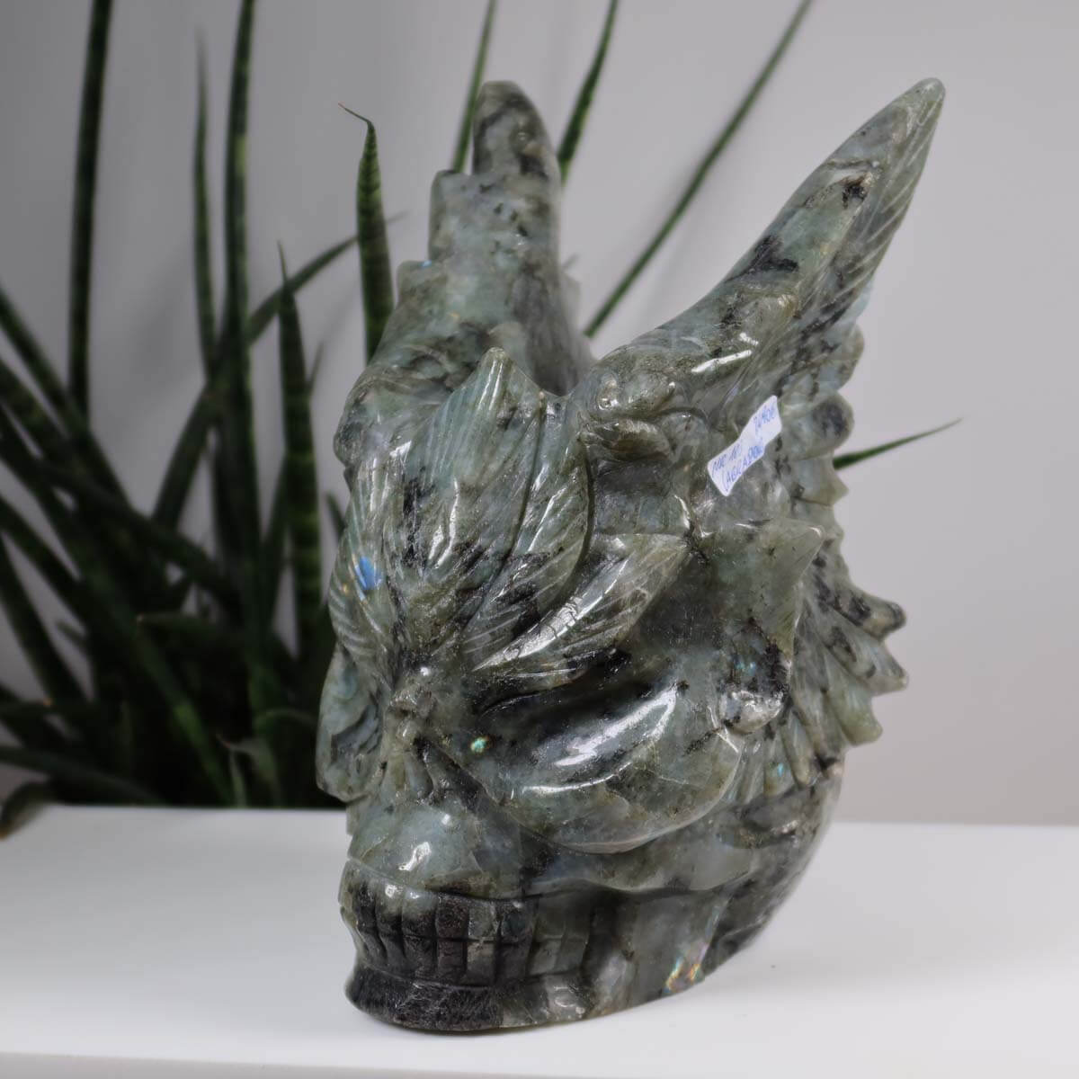 Echter großer XL Kristall Totenkopf aus Labradorit, handgefertigt, Steinwelten Sammlerstück, außergewöhnliche Form, 20x14 cm, Nr. 103
