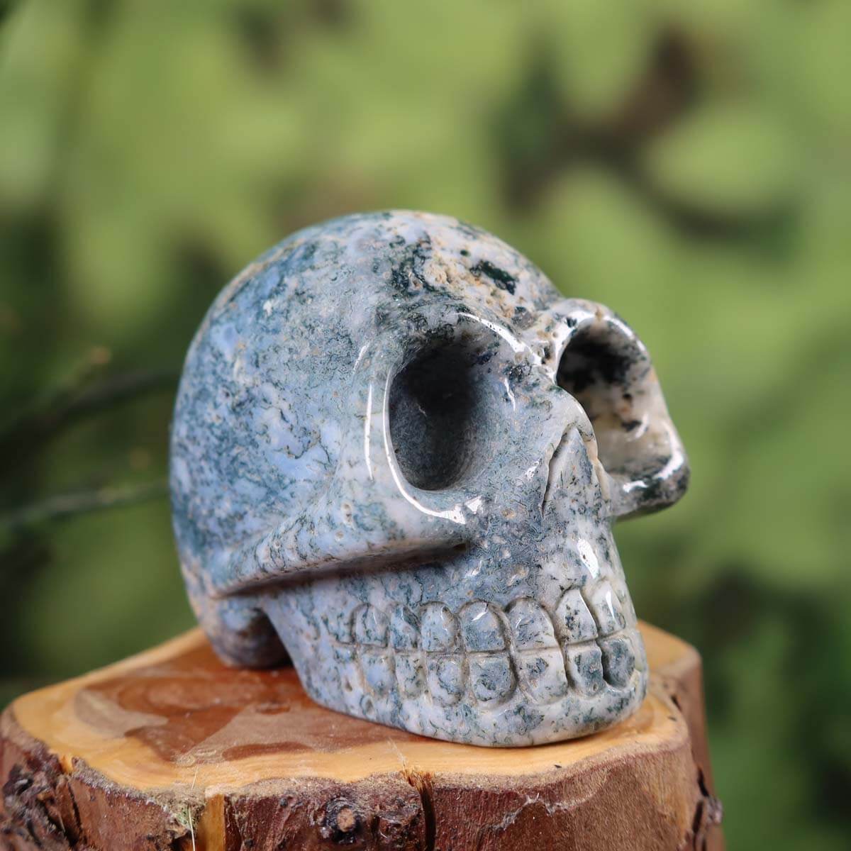Handcrafted Moss Agate Crystal Skull on a wooden base, unique mineral sculpture for collectors - Steinwelten inspiration.