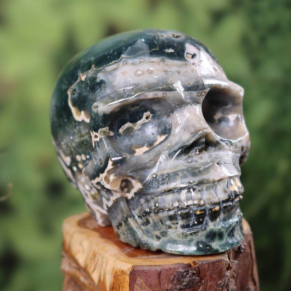 Handcrafted Ocean Chalcedony Crystal Skull on display stand, unique stone art collectible, available at Steinwelten for online purchase