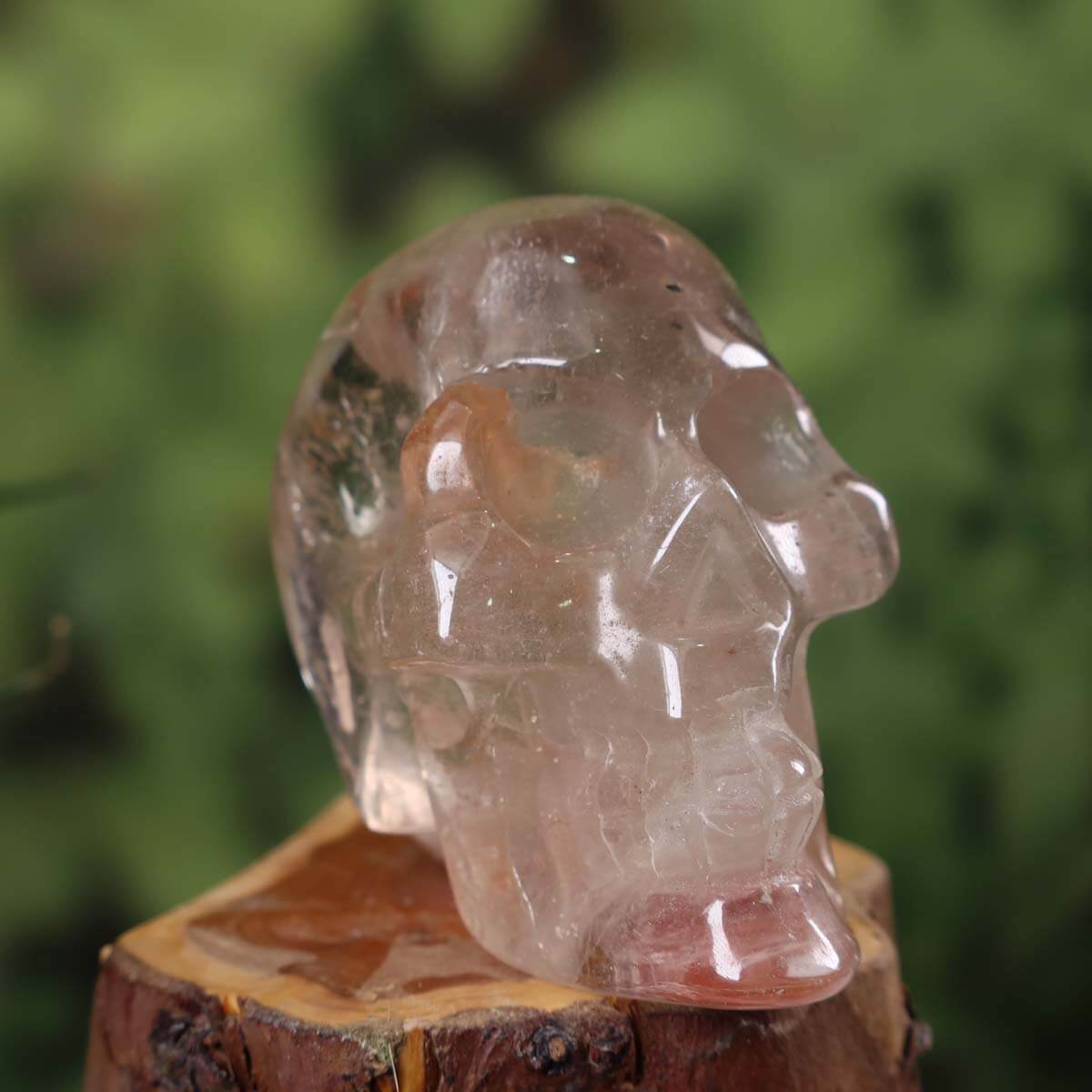 Handcrafted smoky quartz crystal skull on wooden base, unique natural stone collector's piece, 8x7 cm, product Nr. 140
