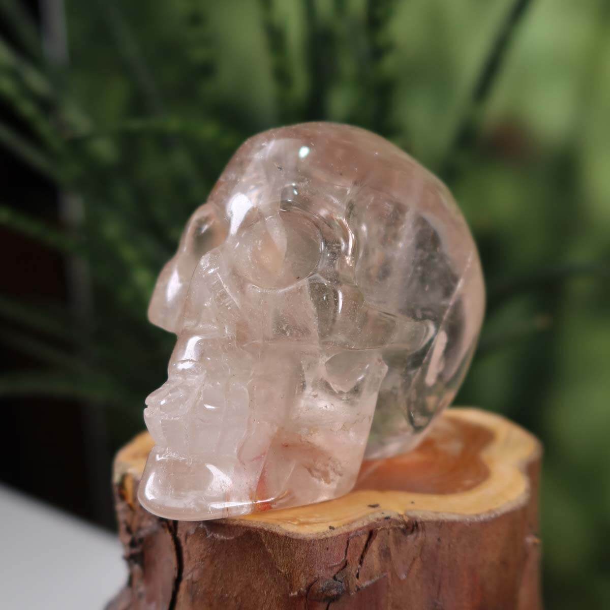 Handcrafted smoky quartz crystal skull on wooden base, unique natural stone collector's piece, 8x7 cm, product Nr. 140