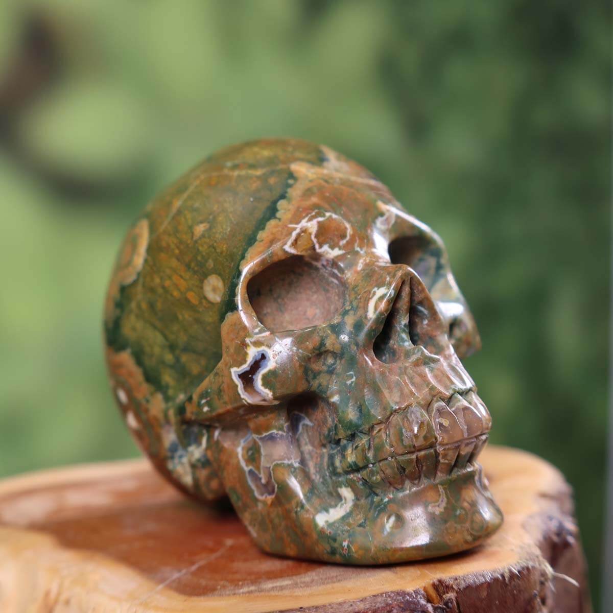 Handcrafted Rainforest Rhyolite Crystal Skull on Wooden Stand - 5x5 cm Unique Collectible