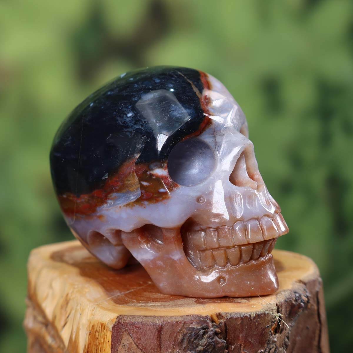 Echter Kristall Schädel aus Sardonyx, 7x6 cm, handgefertigt. Einzigartiger Steinwelten Kristall online kaufen.