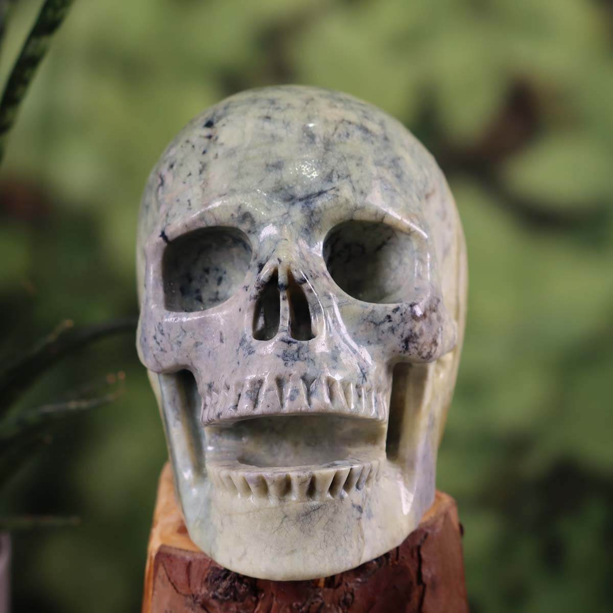 Echter großer Kristall Schädel aus Serpentin, handgefertigt, 12x10 cm, Unikat, Graz Mineralien und Edelsteine Amethyst Drusen.