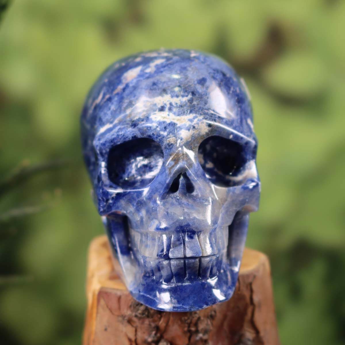 Echter Kristall Schädel aus Sodalith, handgefertigt, Sammlerstück, Mineralien und Edelsteine online kaufen, Steinwelten, 13x9 cm.