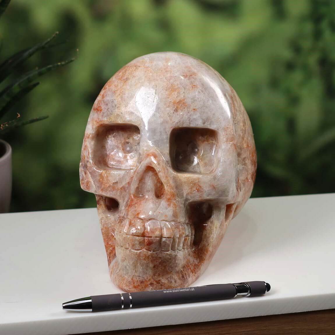 Echter großer XL Kristall-Schädel aus Sonnenstein, handgefertigt, Sammlerstück, außergewöhnliche Form, 19x15 cm, Naturstein