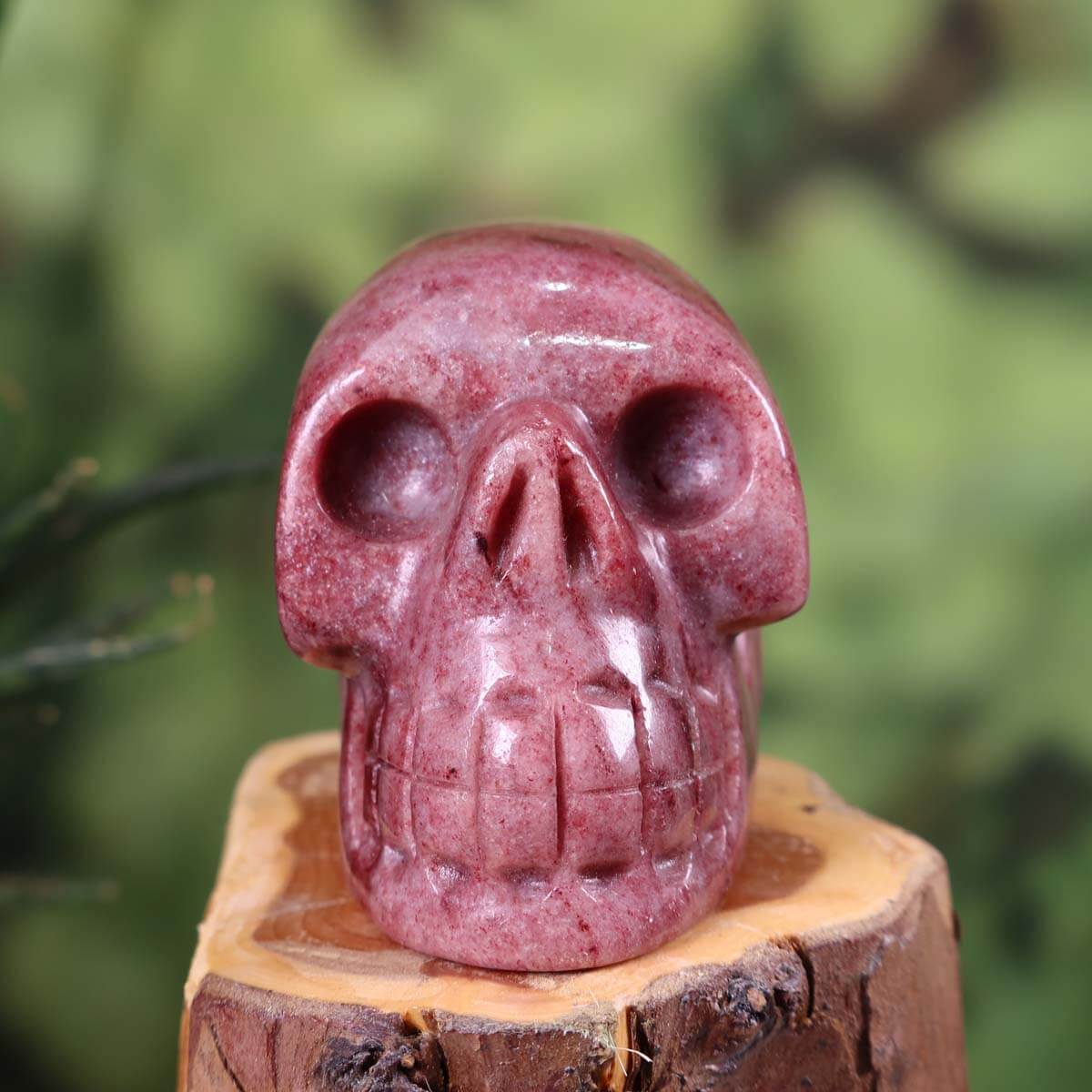 Handcrafted Thulit crystal skull, unique collector's item, displayed on wood, 7x6 cm, featuring exceptional craftsmanship.