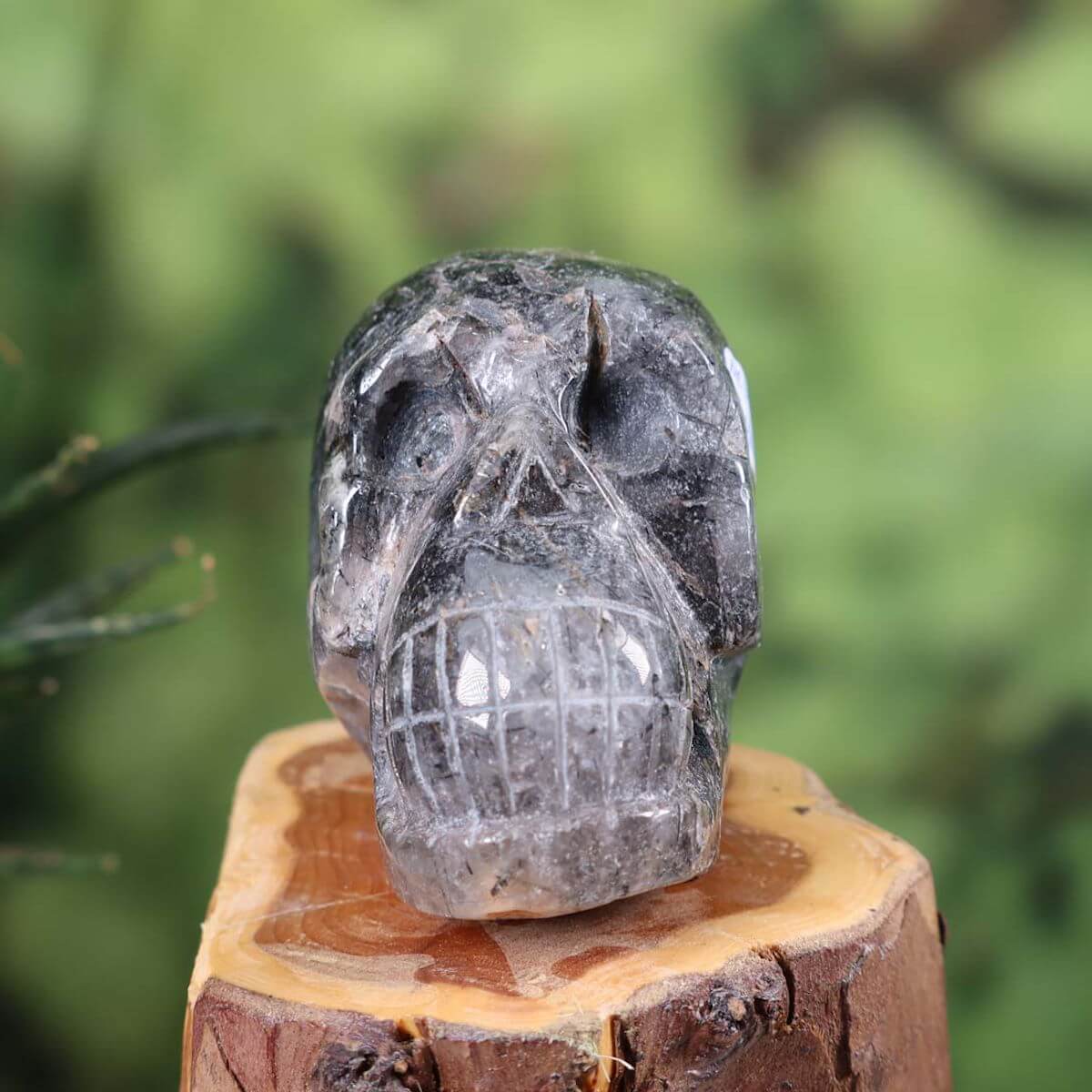 Handcrafted tourmaline quartz crystal skull, unique design, 7x6 cm, collector's item on wooden stand.