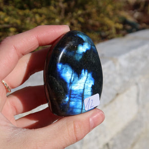 Labradorit Freiform poliert - 5x4cm - Intuition und Kreativität Nr.12 in der Hand, zeigt schimmerndes Blau auf polierter Oberfläche.