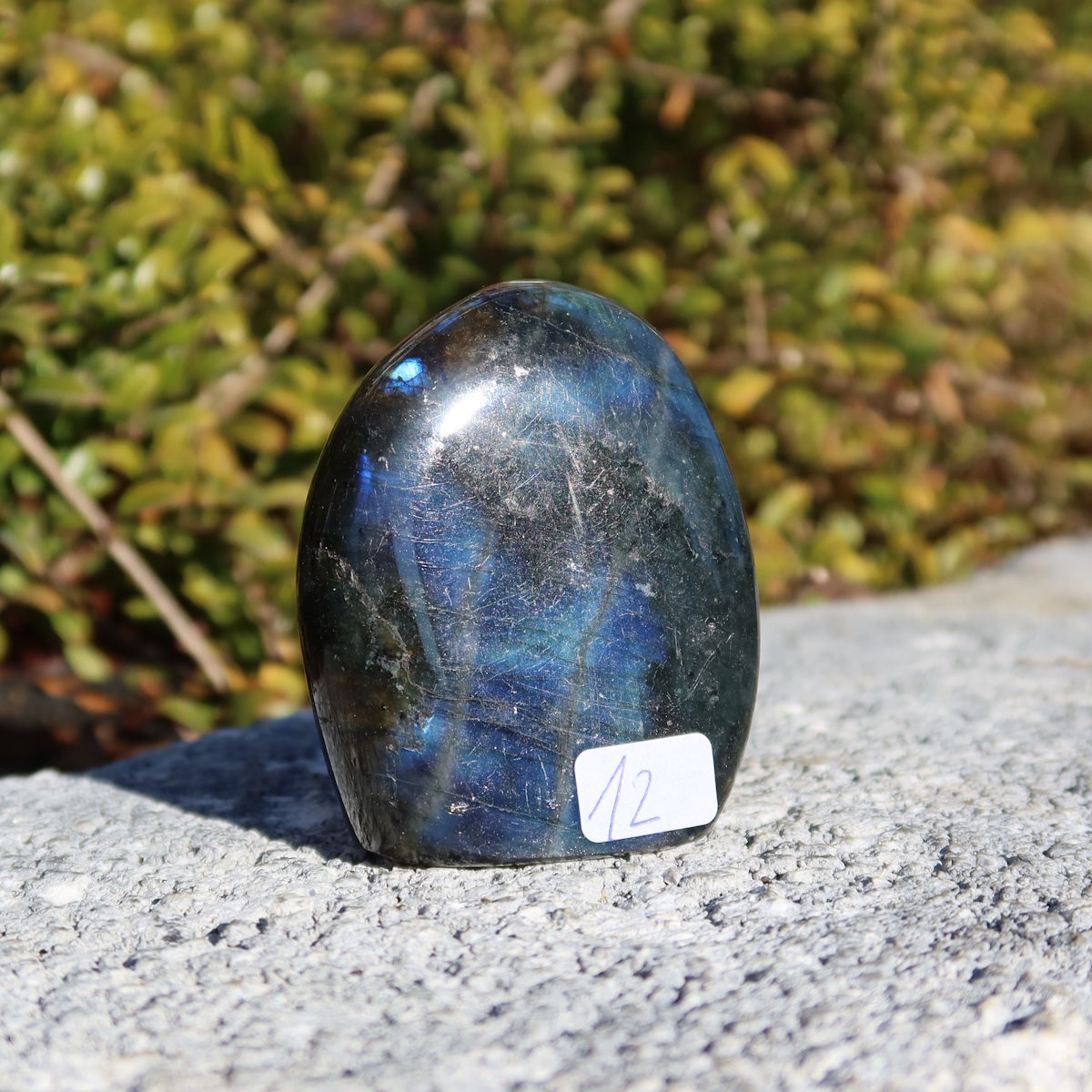 Labradorit Freiform poliert - 5x4cm - Intuition und Kreativität Nr.12 in der Hand, zeigt schimmerndes Blau auf polierter Oberfläche.