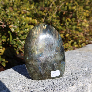 Labradorit Freiform poliert - 8x6cm - Intuition und Kreativität Nr.17 auf Steinuntergrund, leuchtende Farben im Sonnenlicht