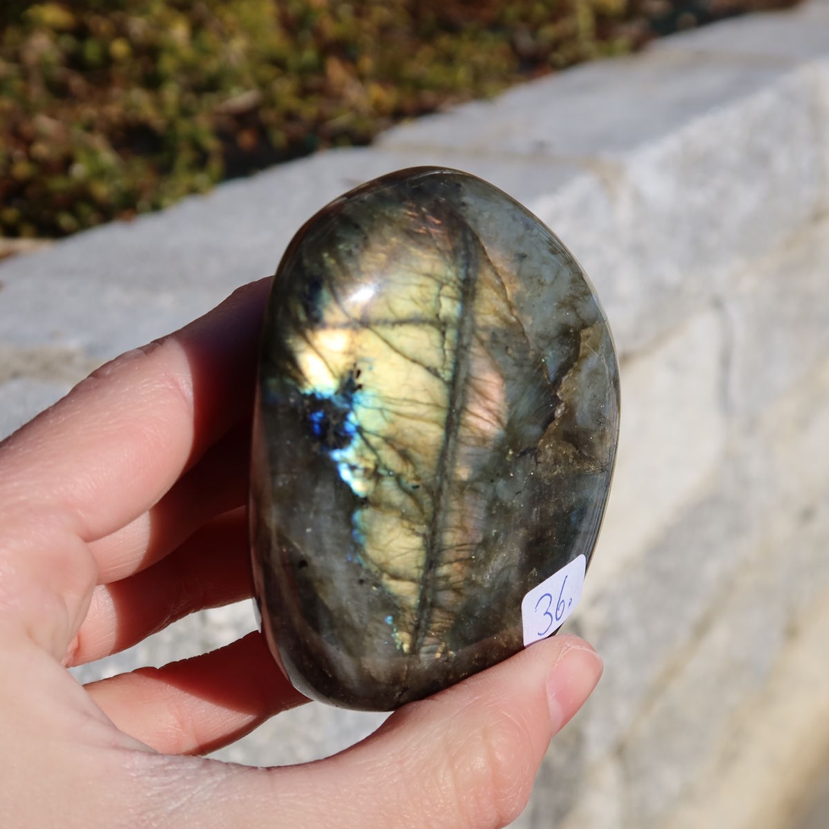 Labradorit Freiform poliert - 6x6cm - Intuition und Kreativität Nr.36 auf Stein, zeigt beeindruckende Labradoreszenz, Steinwelten Produkt.