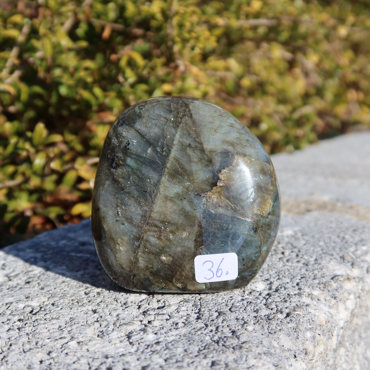 Labradorit Freiform poliert - 6x6cm - Intuition und Kreativität Nr.36 auf Stein, zeigt beeindruckende Labradoreszenz, Steinwelten Produkt.